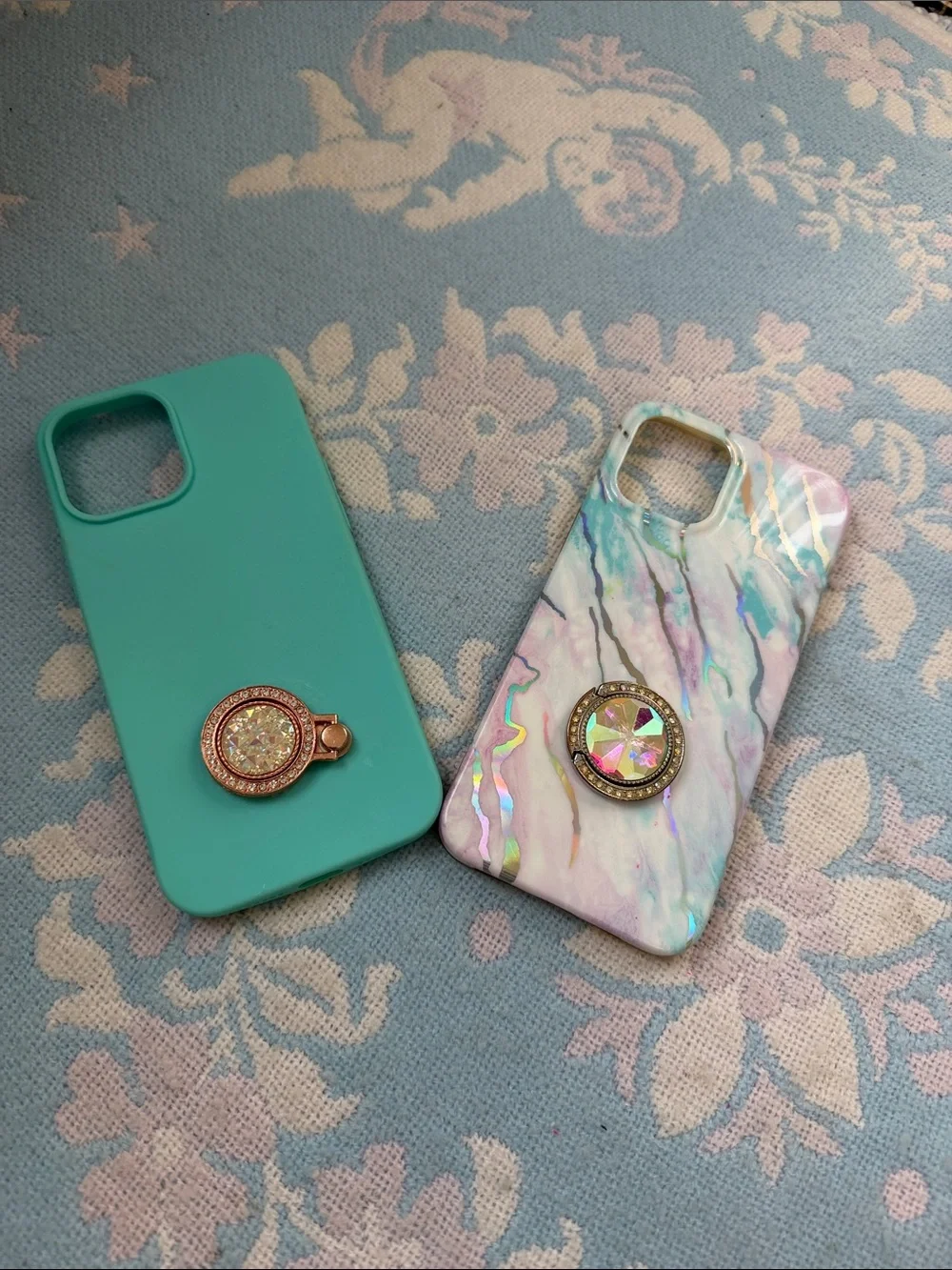 Set of 2 Turquoise / Iridescent Marble Phone Case Duo with Jeweled Ring Grips